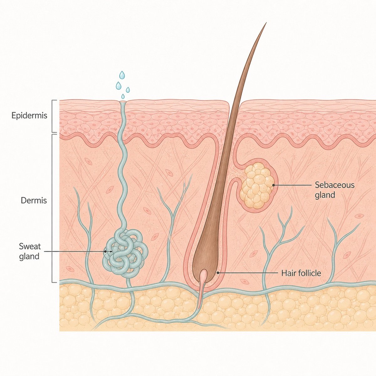 Cross-section diagram of facial skin layers showing sweat and sebaceous glands active during exercise