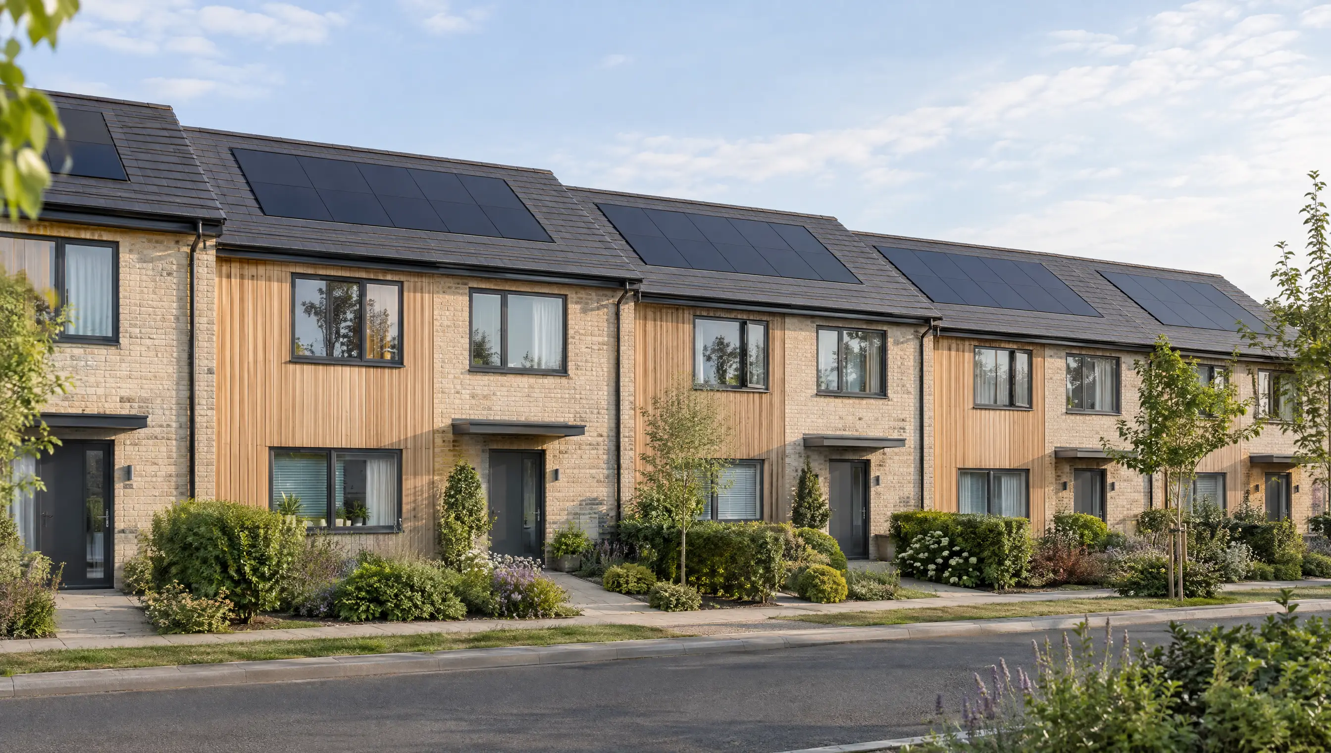 A contemporary new-build terrace with solar panels integrated into each roof