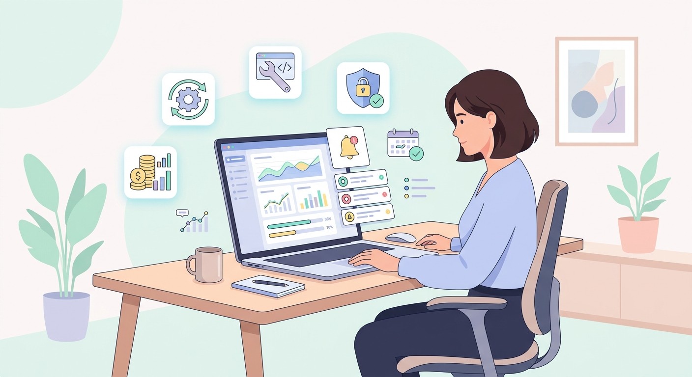 A person at a desk managing app maintenance with icons for bug fixes, security patches, and server costs