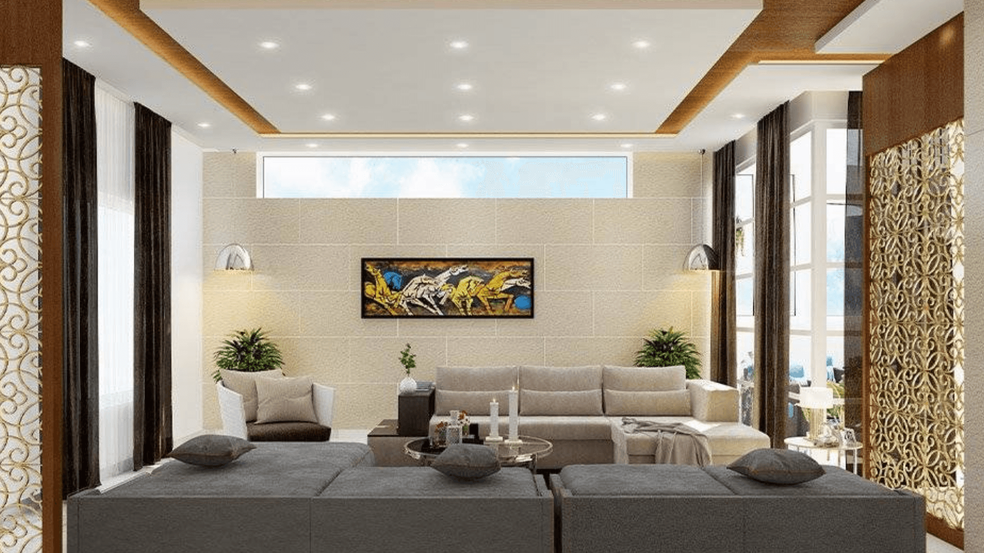 Minimalist Drawing Room With Statement Jali Screens