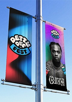 Detty Dec Fest visual identity application— logo, colour palette, and Gunna announcement flyer.