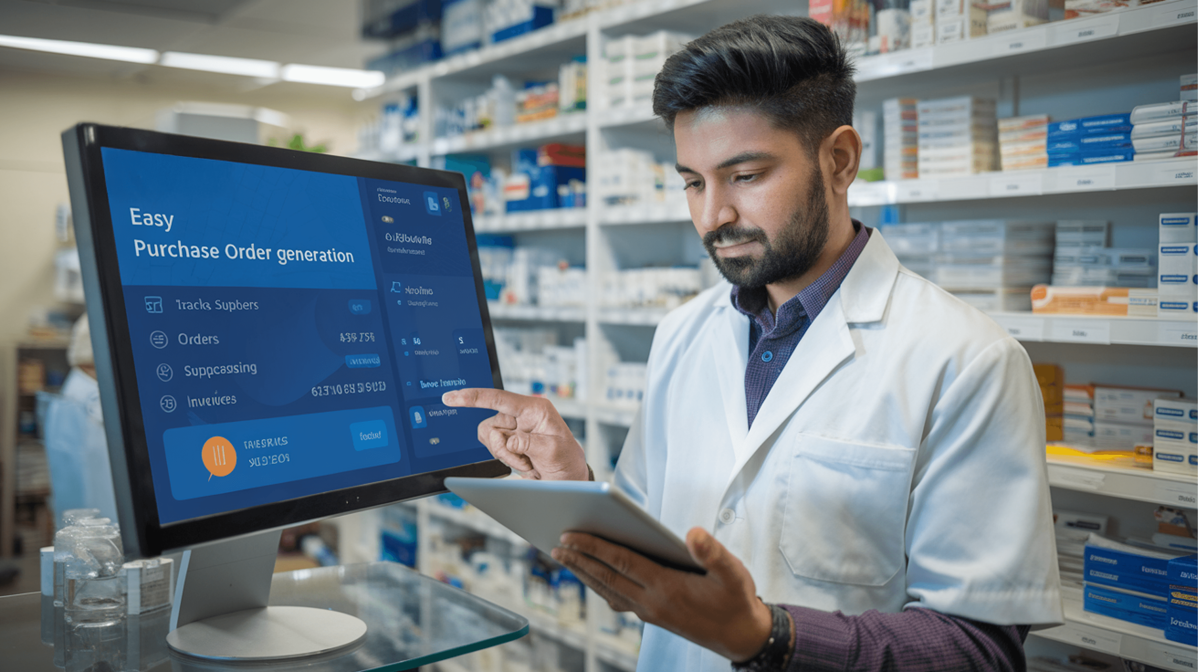 Pharmacy manager negotiating with medical supplier at medicine counter