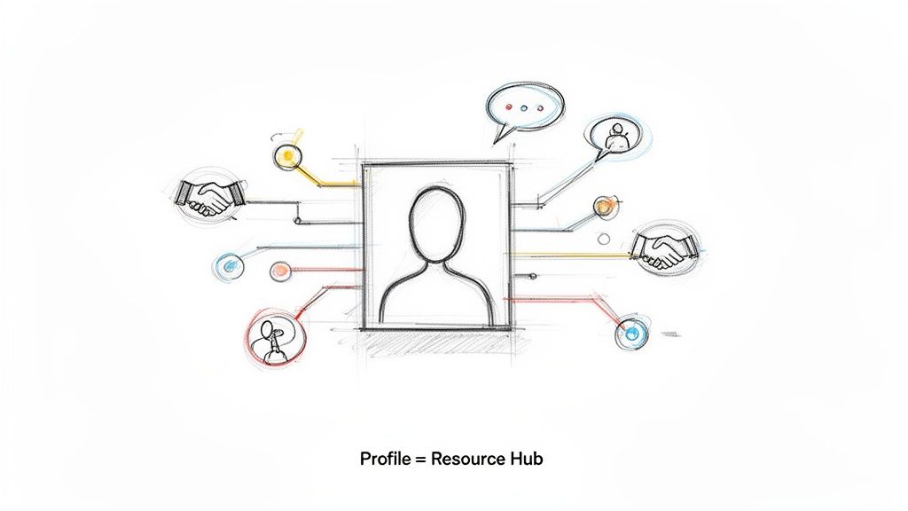 A hand-drawn diagram illustrating a central user profile acting as a hub connected to various resources and interactions.