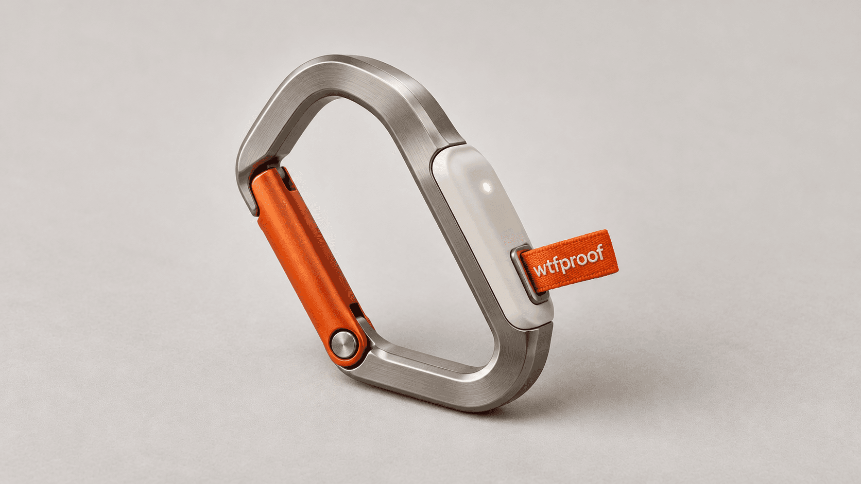 KROK smart carabiner in aluminium with an orange gate and a small light in its spine