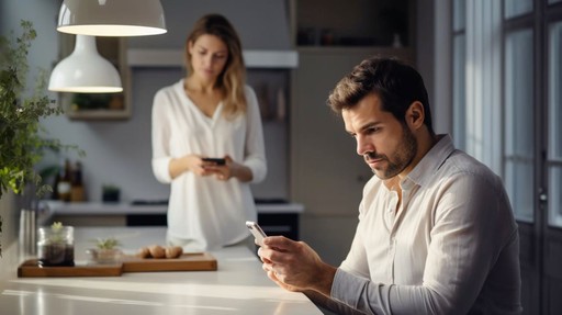 A man and a woman in a modern kitchen both focused on their smartphones, creating an atmosphere of disconnectedness despite their physical proximity.