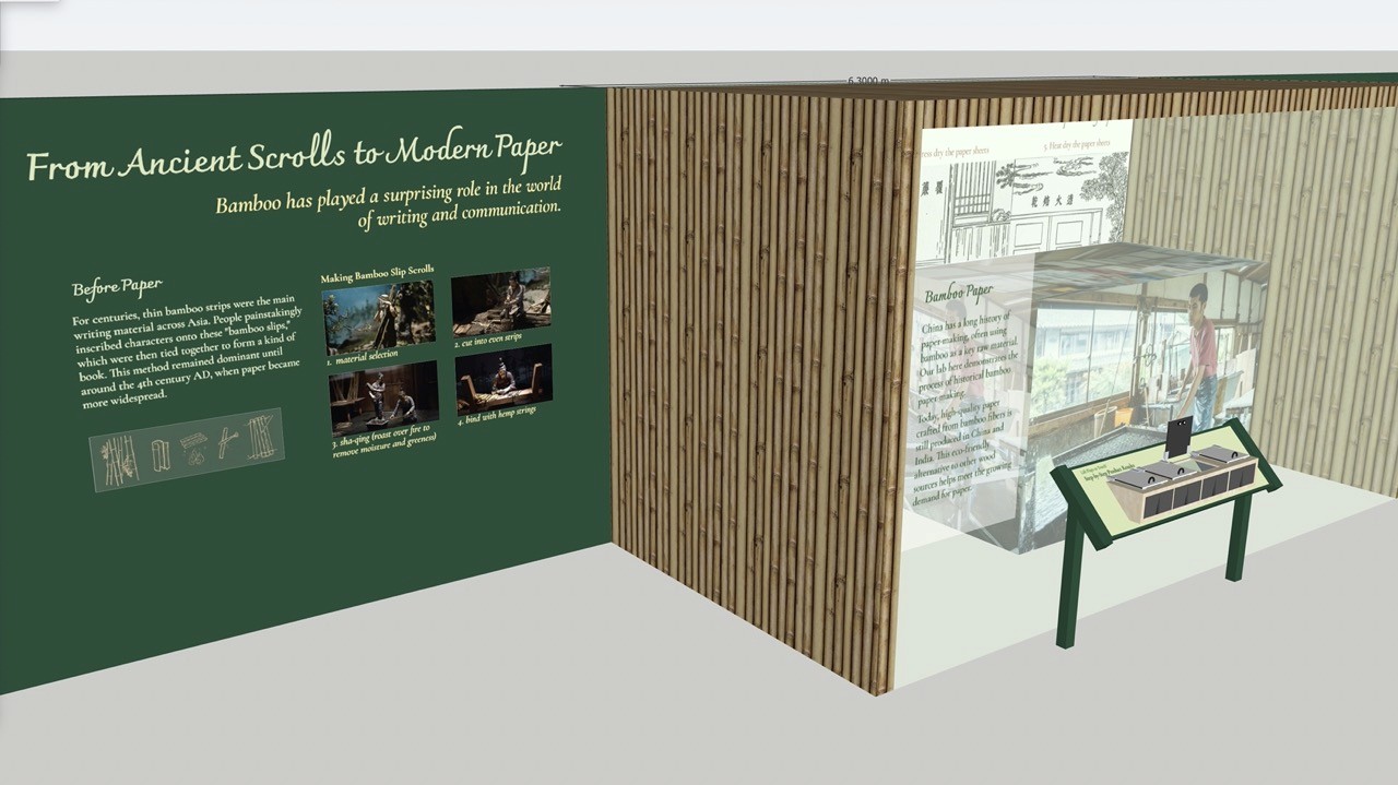 Exhibition entrance combining bamboo screens, artifact displays, and large interpretive graphics.