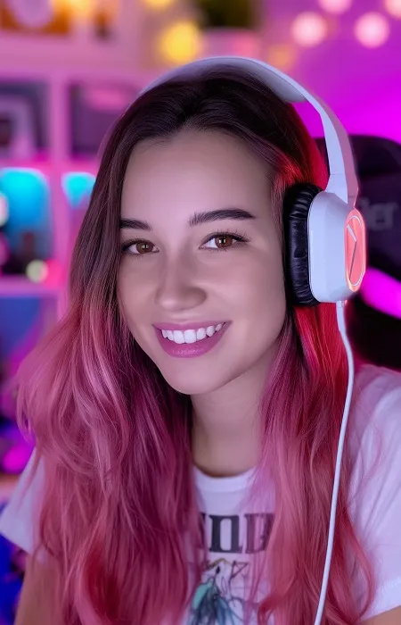 Woman with headphones and neon lights.