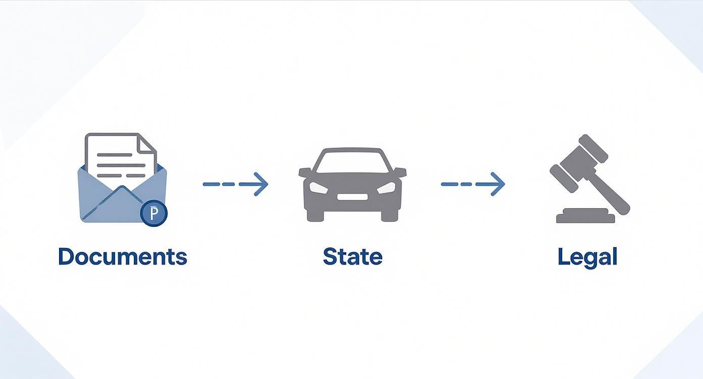 Diagramme illustrant le processus de gestion des documents, de l'état du véhicule et des étapes légales.