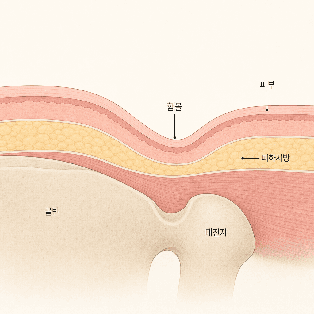 골반과 대전자 사이 자연스러운 옆 함몰