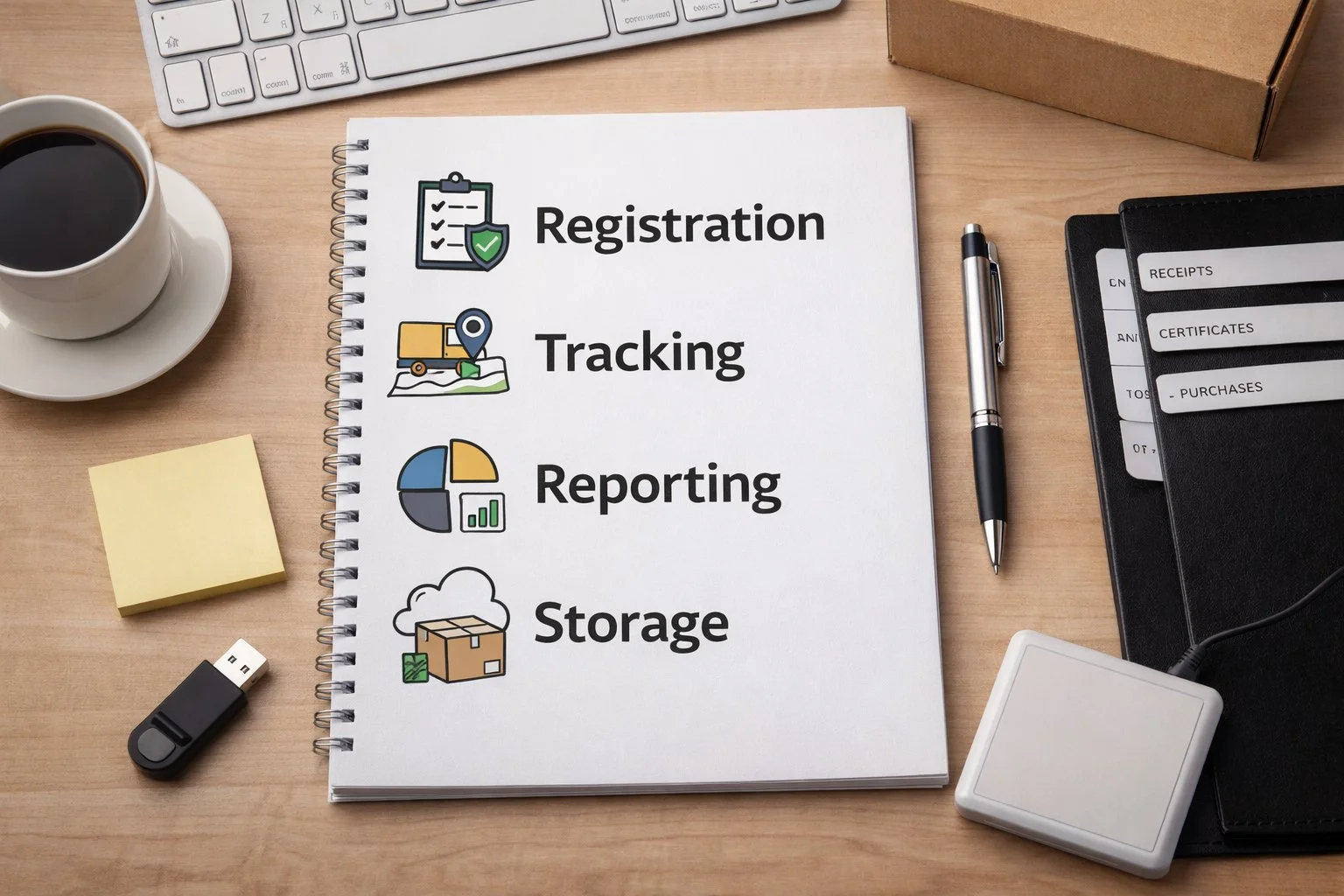 Clean desk layout with checklist-style icons representing registration, tracking, reporting, and storage.