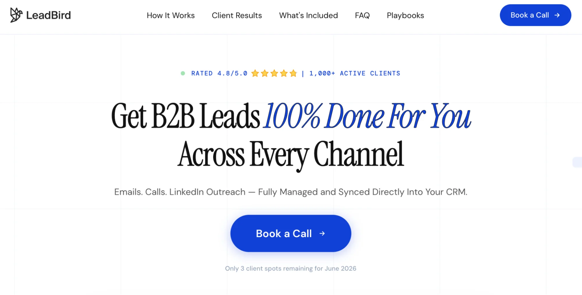 LeadBird homepage: B2B lead generation agency combining cold email and Clay automations for booked demos