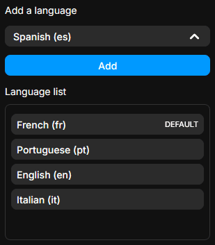 Settings popup showing Spanish selected in the "Add a language" dropdown, with the Add button highlighted and the existing Language list below