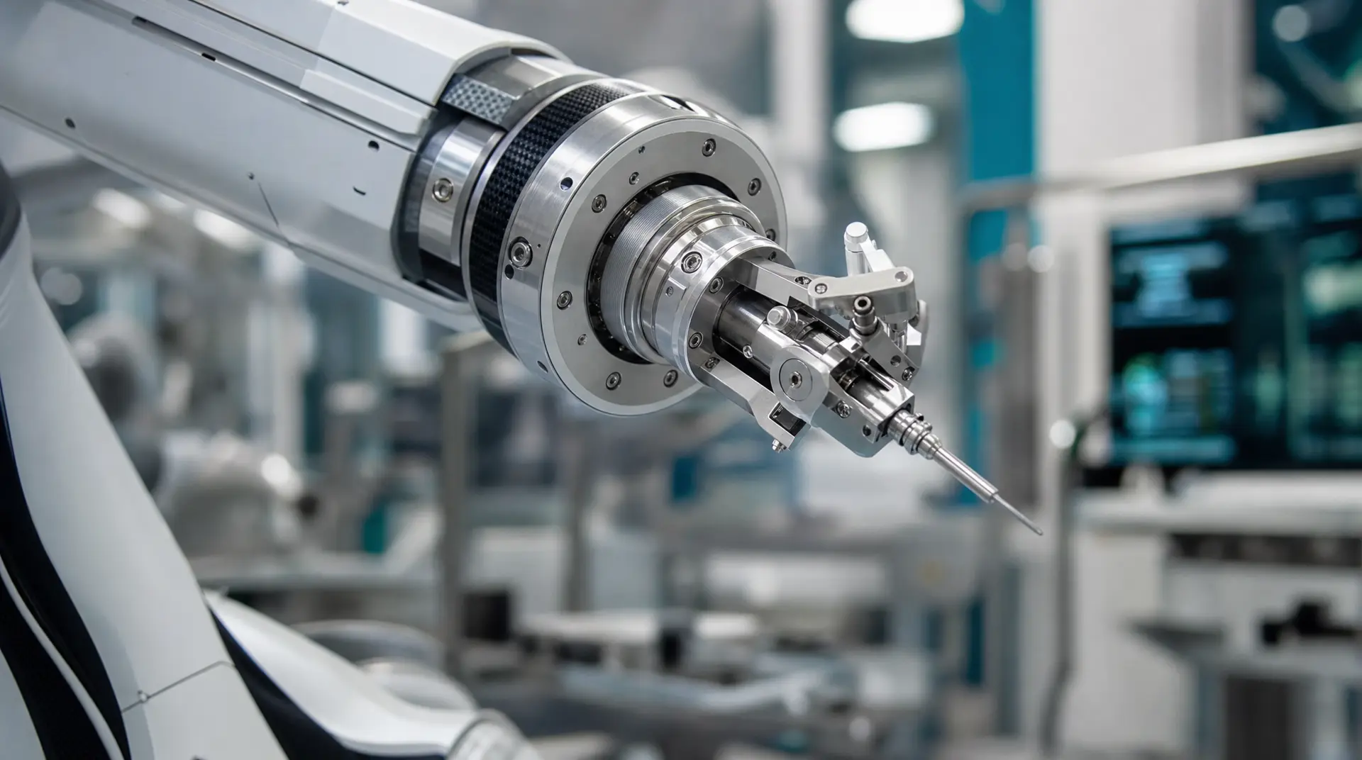 Close-up of a precision spindle and tooling inside a clean factory, reflecting semiconductor marketing for high-tech manufacturing.