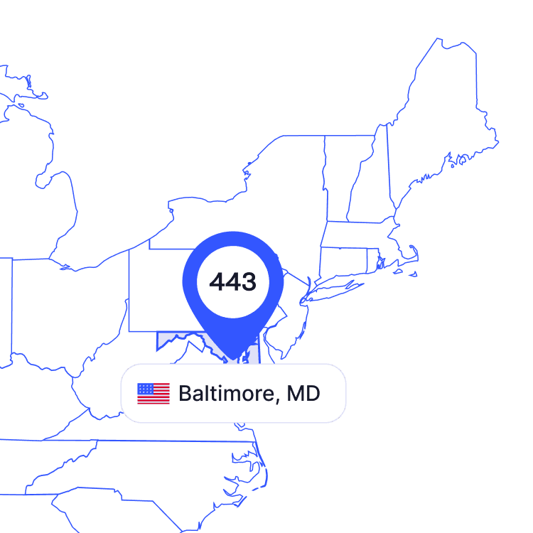 US map of 443 area code phone numbers and its coverage region