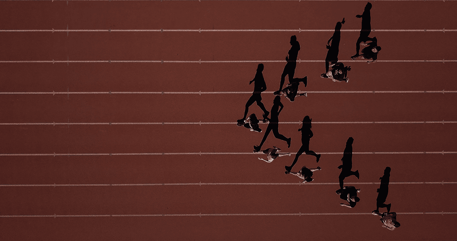 Runners on a track seen from above, group training formation