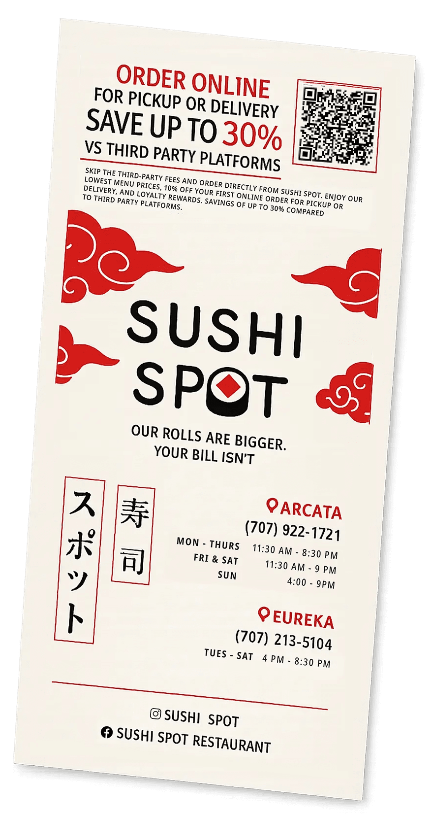 Sushi Spot to go menu insert with QR code promoting direct ordering.