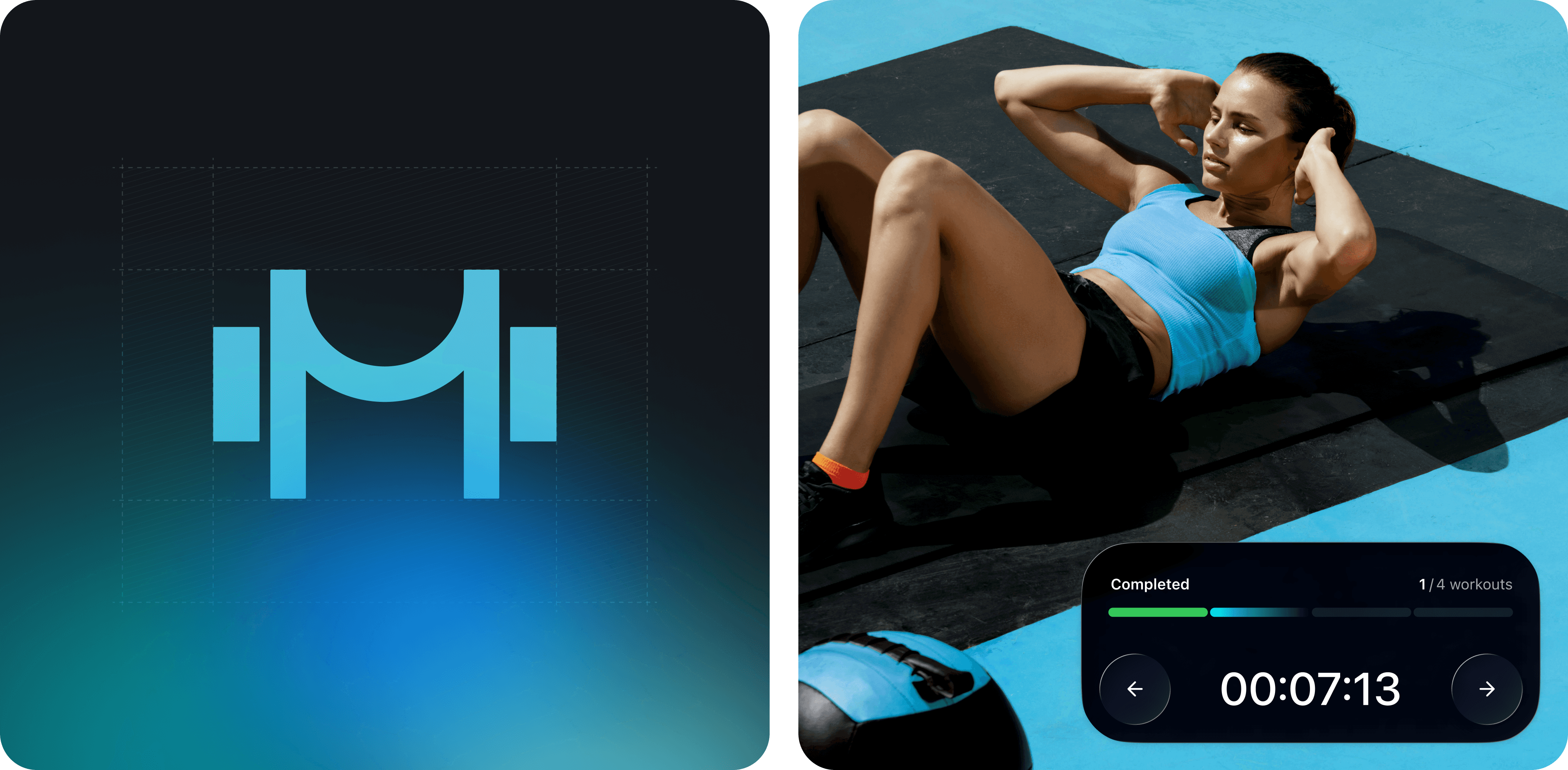 A graphic featuring weights on the left and a person exercising on a mat on the right, with blue accents.