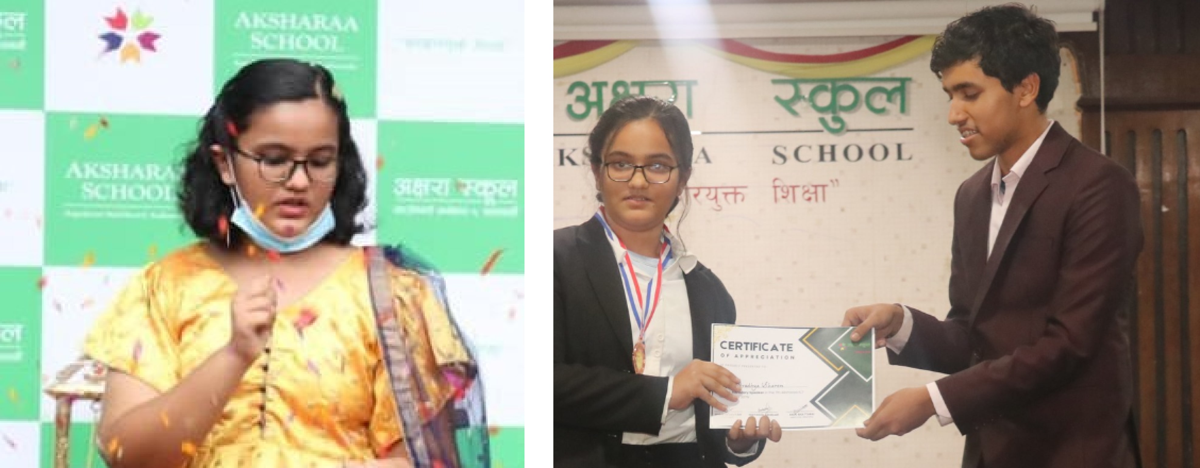 Aradhya dancing at a performance and receiving an award for her STEM work