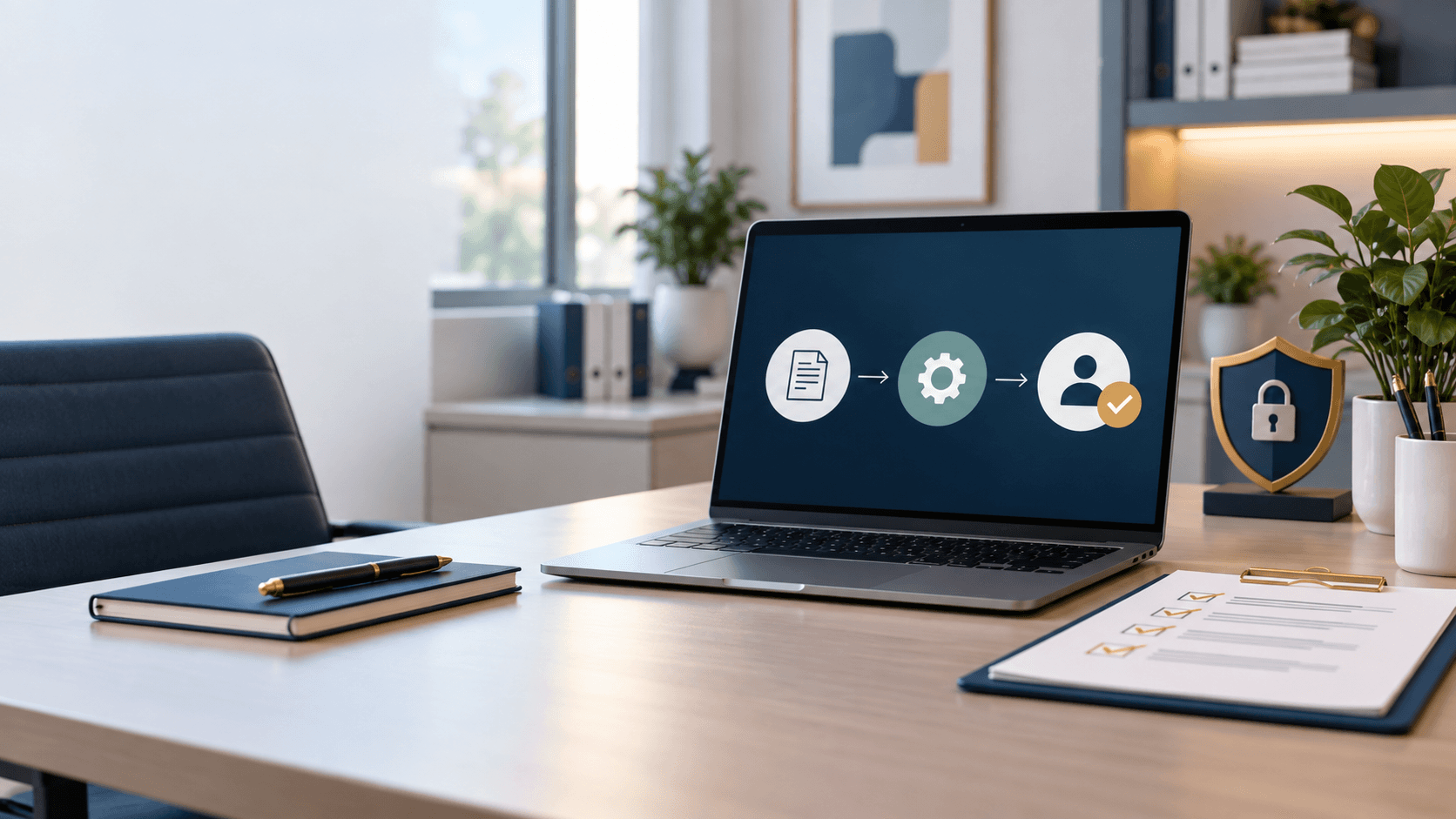 Office desk with a laptop illustrating an AI workflow, human review and data security.
