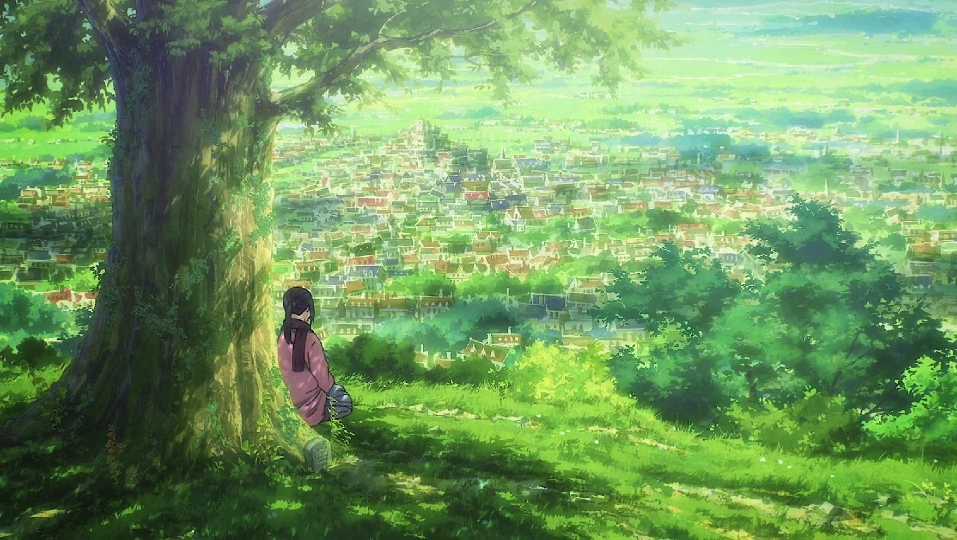 Mikasa under the tree on the hill, still wearing the scarf