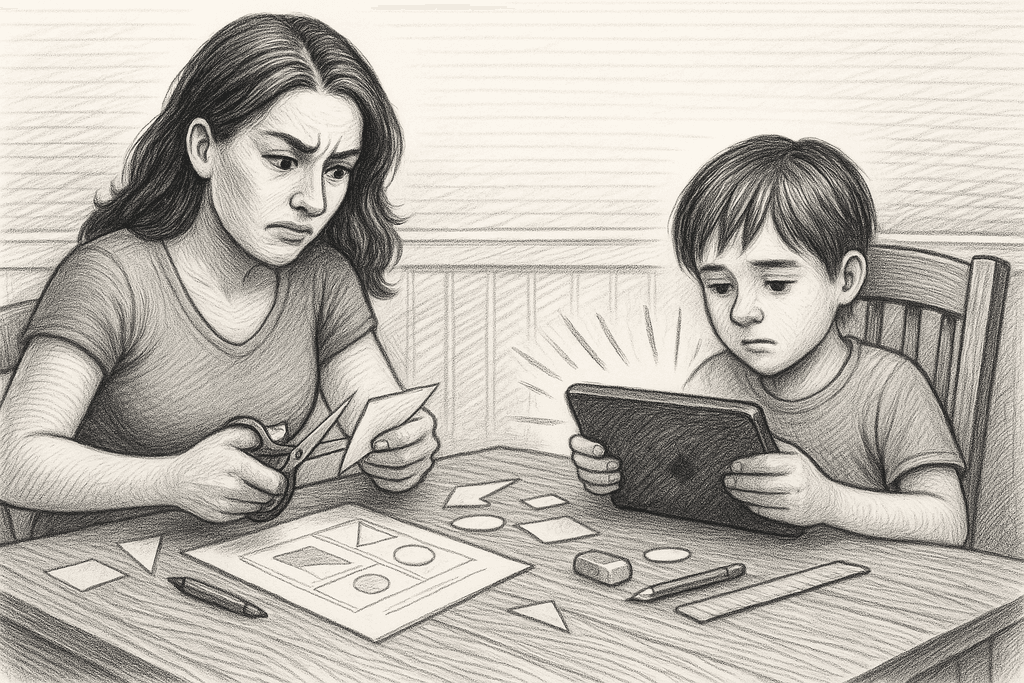 Parent and student struggling through an art lesson