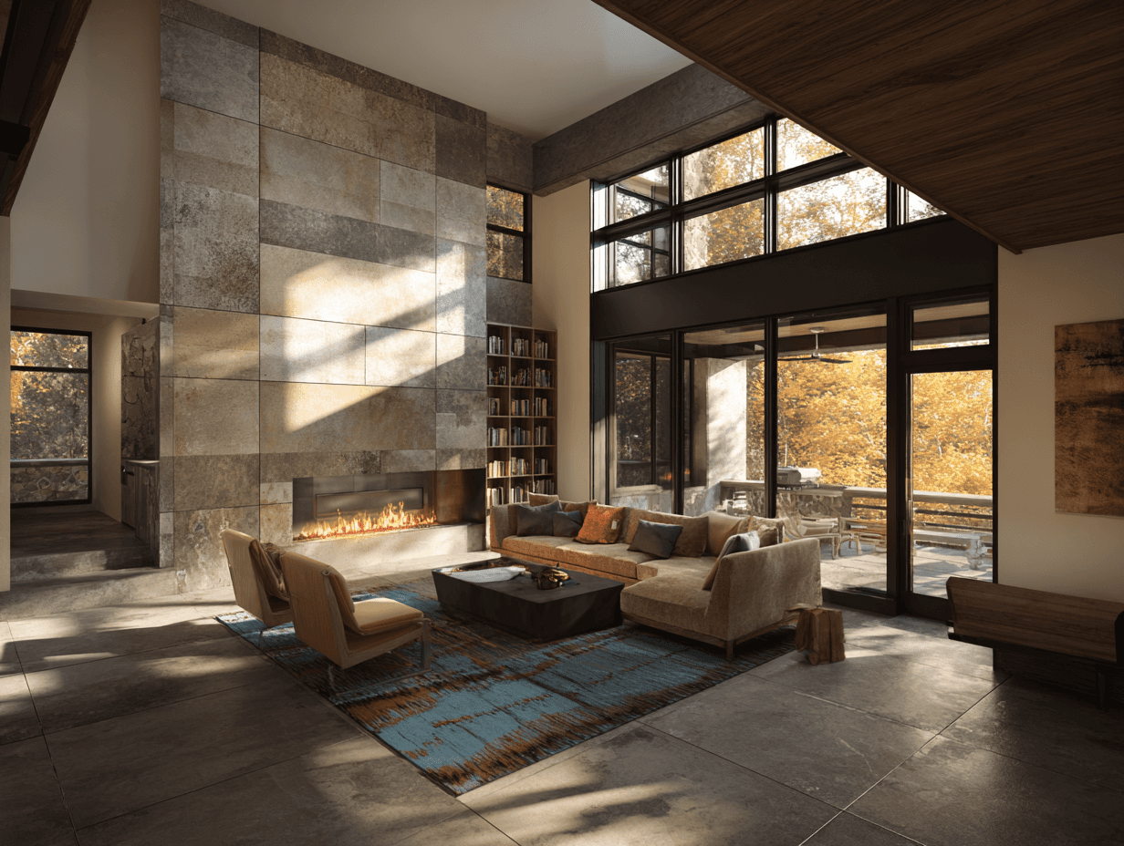 a living room filled with furniture and a large window