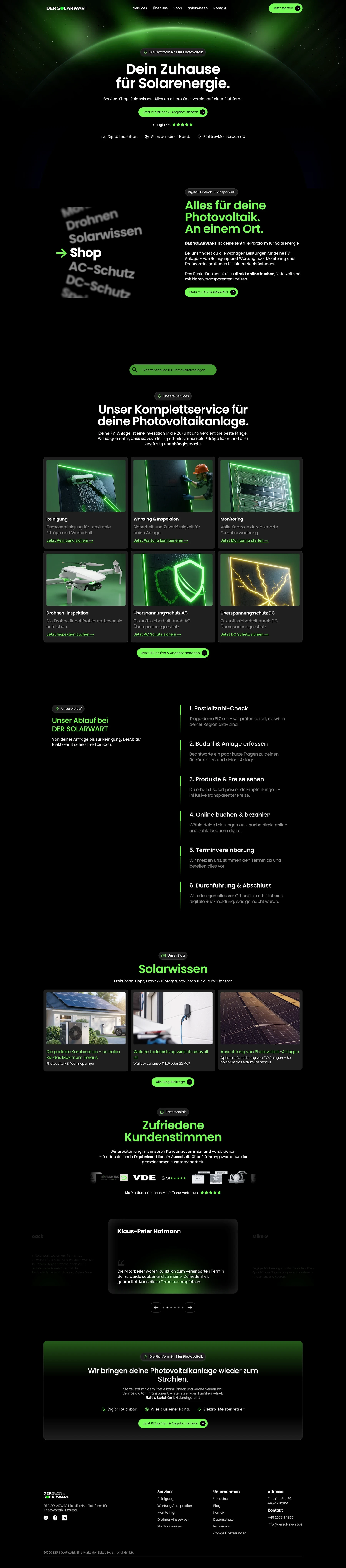 Vollständiger Website-Screenshot (Full-Page-View) eines modernen Solar-Portals mit Fokus auf Lead-Generierung und Conversion – Professionelles Webdesign für Solarfirmen von Webnity-X.