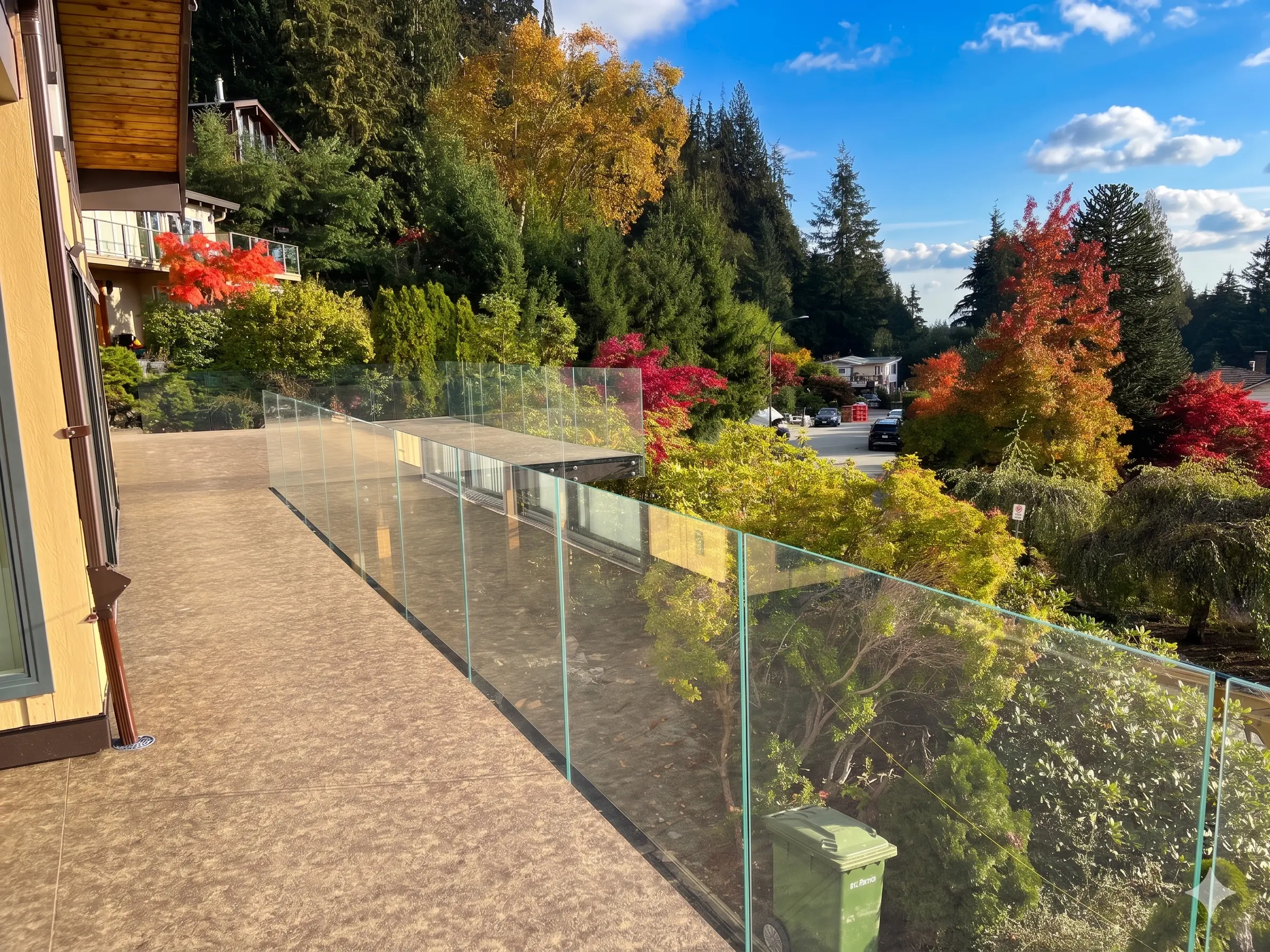 Frameless glass railings line a tiled Parksville BC patio overlooking autumn gardens with red and orange foliage under a partly cloudy sky.