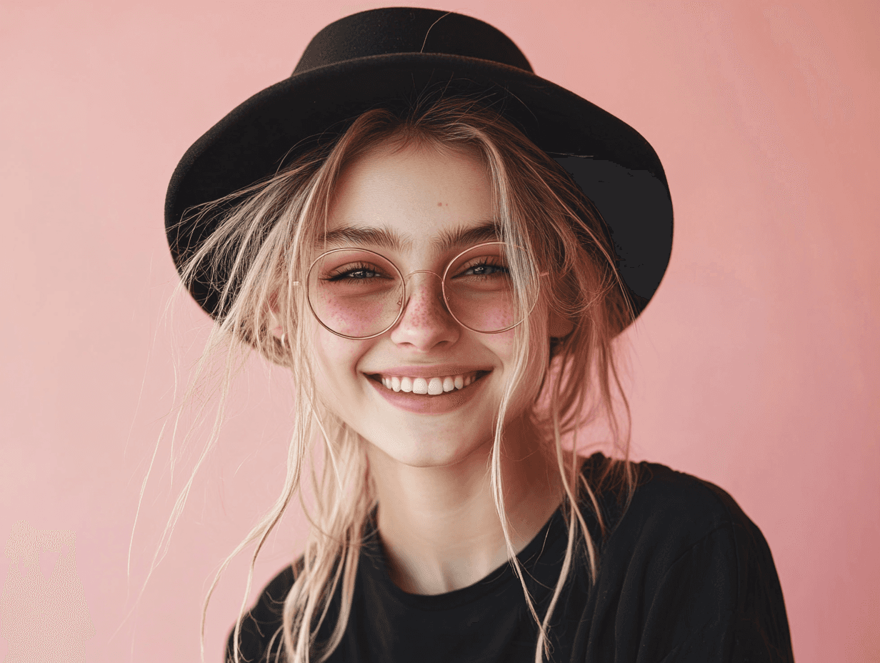 Young woman smiling with Black hat and glasses