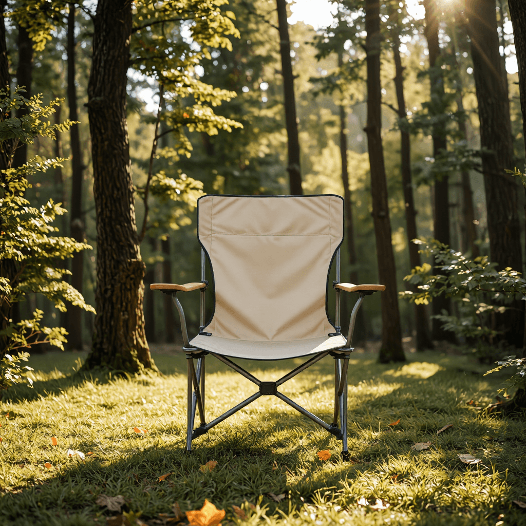 product photography of a folding camping chair with a wooden armrest