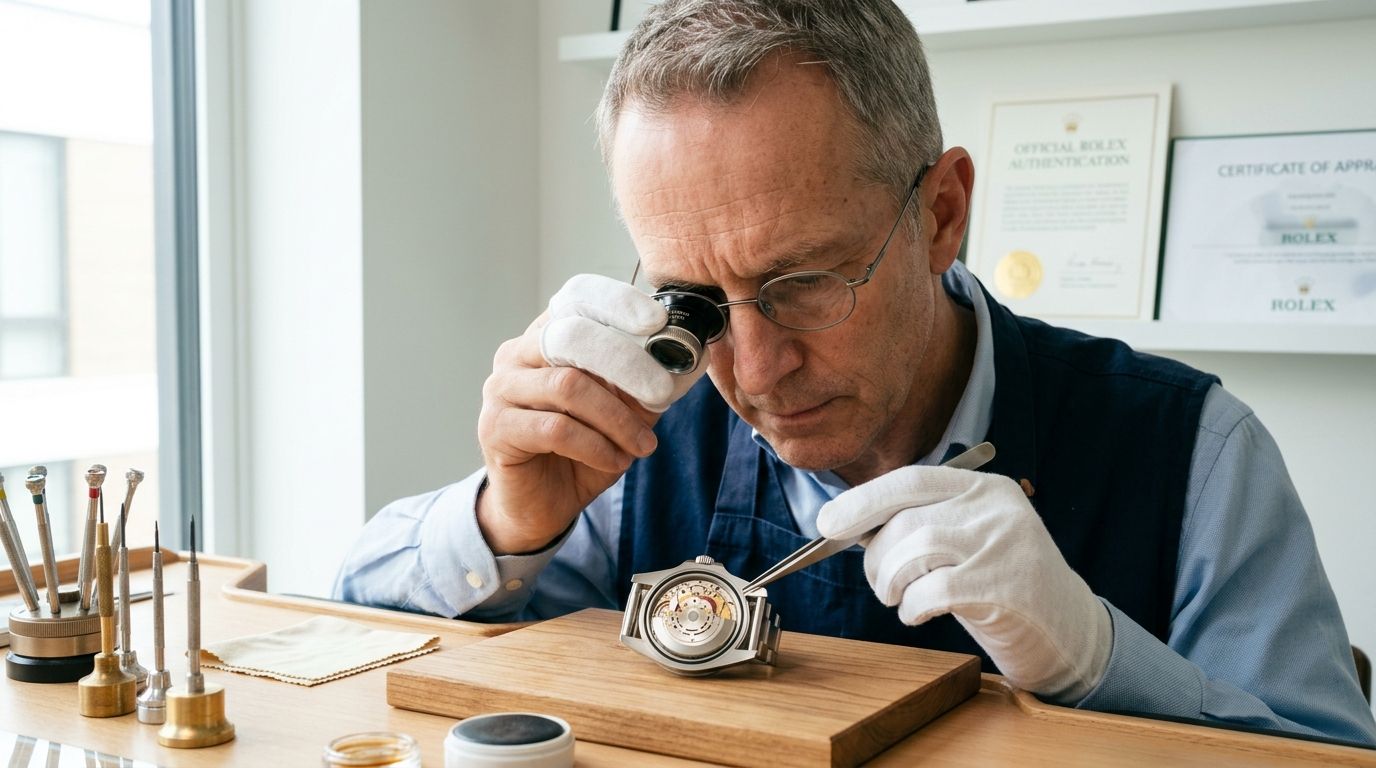 A professional watchmaker wearing white gloves inspects the intricate internal mechanism of a Rolex watch with a loupe.