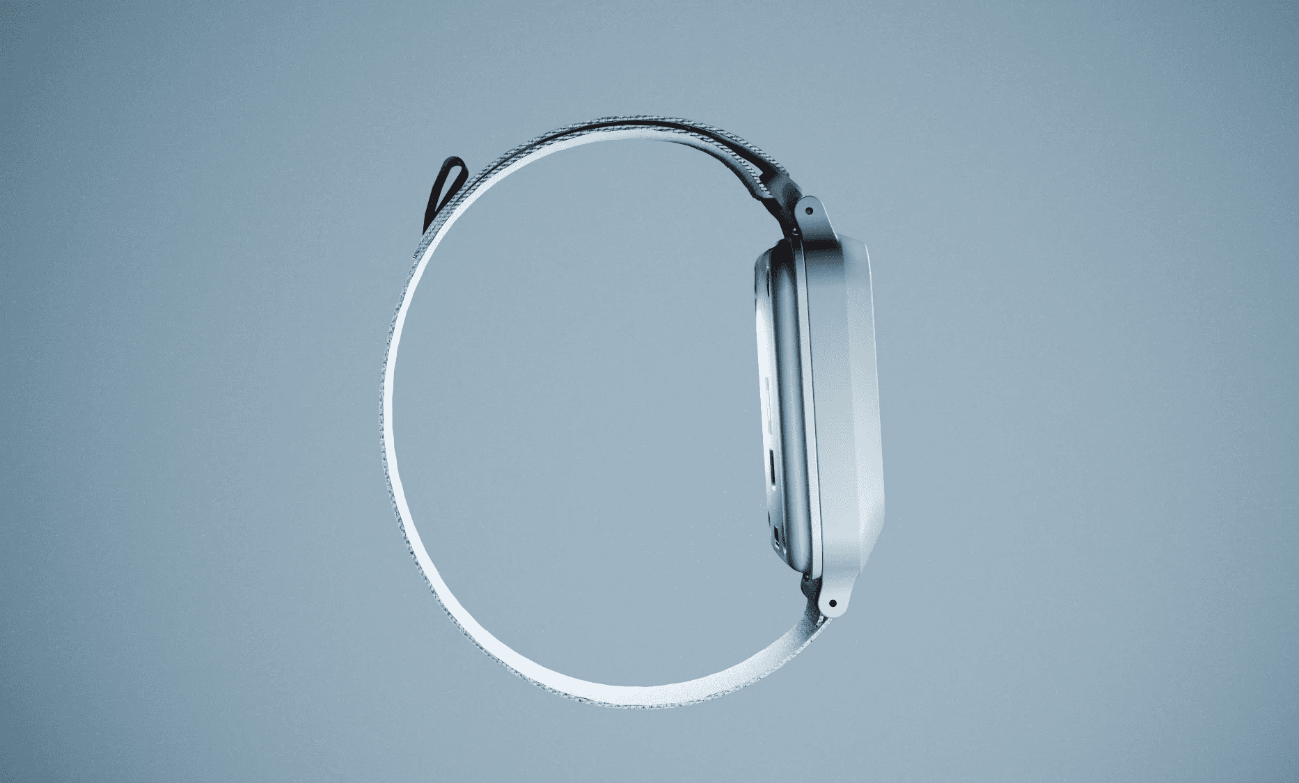 3D render of a biometric sensor smart wearable design, demonstrating the compact casing design and nylon wrist strap.