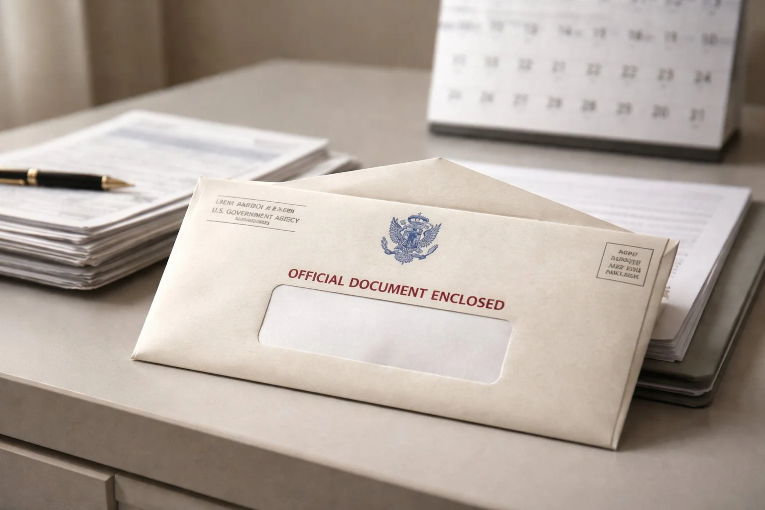 Close-up of an official government envelope slightly opened on a desk, with organized paperwork nearby and a softly highlighted calendar in the background.