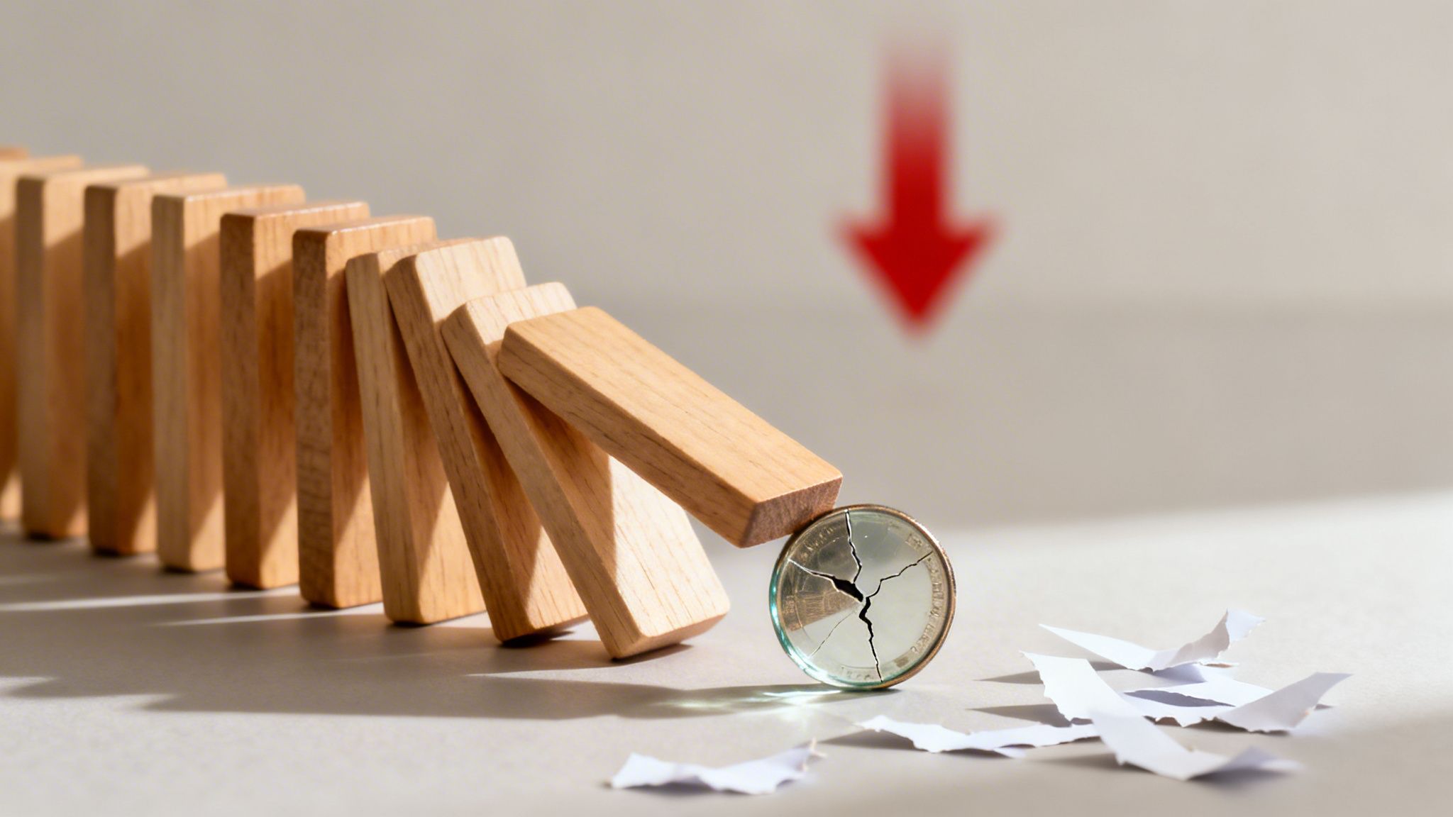 Wooden dominoes falling onto a broken cryptocurrency coin with a red downward arrow.