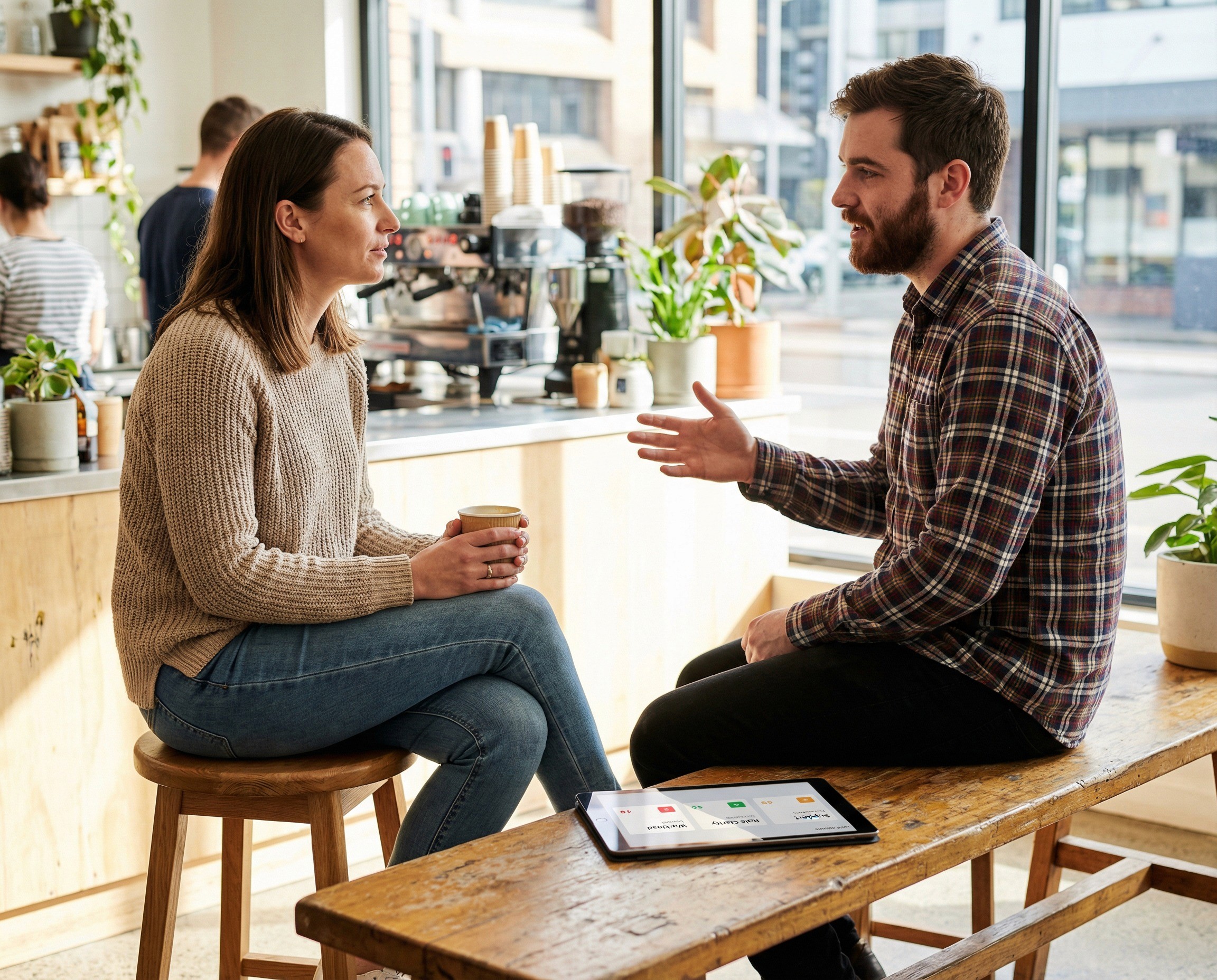 A warm, documentary-style shot of a people operations lead in her mid-30s sitting in a bright, modern tech office kitchen area — the kind with a long timber bench, stools, and a good espresso machine — having an informal one-on-one with a team lead in his late 20s. She has a tablet between them on the bench showing a team-level psychosocial risk summary — a simple card view with three or four hazard categories and their current scores, visible in structure but not legible. He is mid-sentence, relaxed, gesturing as he describes something about his team's experience. She is listening with genuine attention, one hand resting near the tablet, the other holding her coffee. The conversation is specific but casual — the kind of check-in that only happens when the data gives you something concrete to discuss. The scene captures the outcome the case study describes — a globally distributed tech company that went from zero psychosocial compliance infrastructure to an operational system that enables specific, data-informed conversations between people leaders and team leads. The kitchen setting and the casual body language say: this is not a formal compliance process, it is a normal conversation powered by structured data.