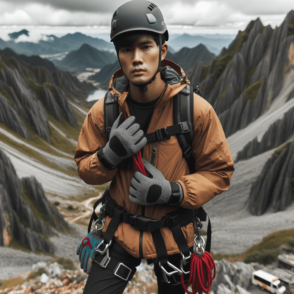 a man geared up for mountian climbing