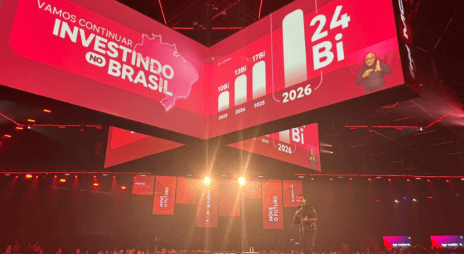 Telão do iFood Move 2026 anunciando R$ 24 bilhões de investimento no Brasil