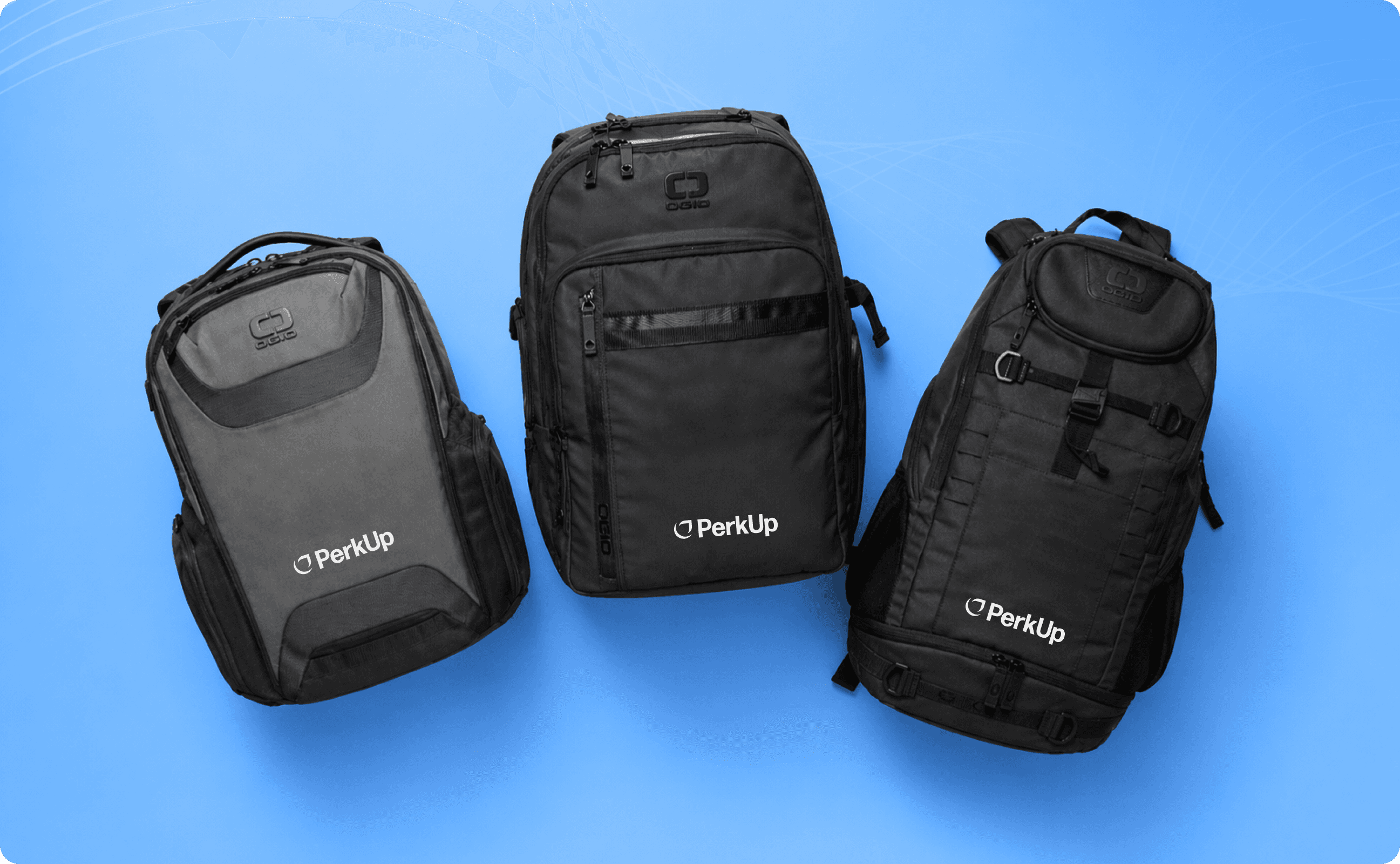 Three OGIO backpacks against a blue background.