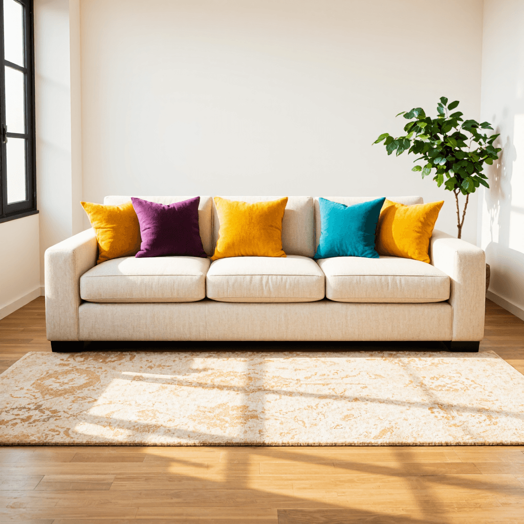 product photography of a sectional sofa with decorative cushions
