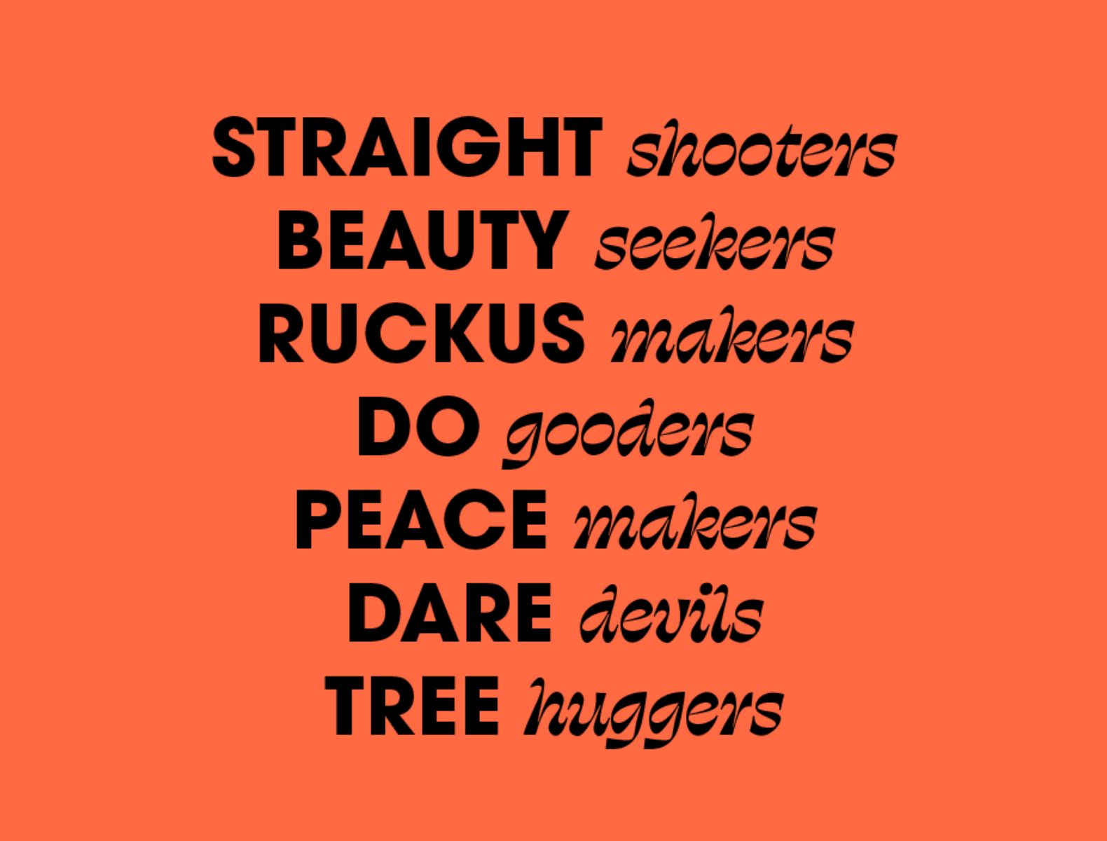 A list of Clever Jane attributes written in sans serif and curvy serif fonts in black on an orange background. They say:
Straight Shooters
Beauty Seekers
Ruckus Makers
Do Gooders
Peace Makers
Dare Devils
Tree Huggers