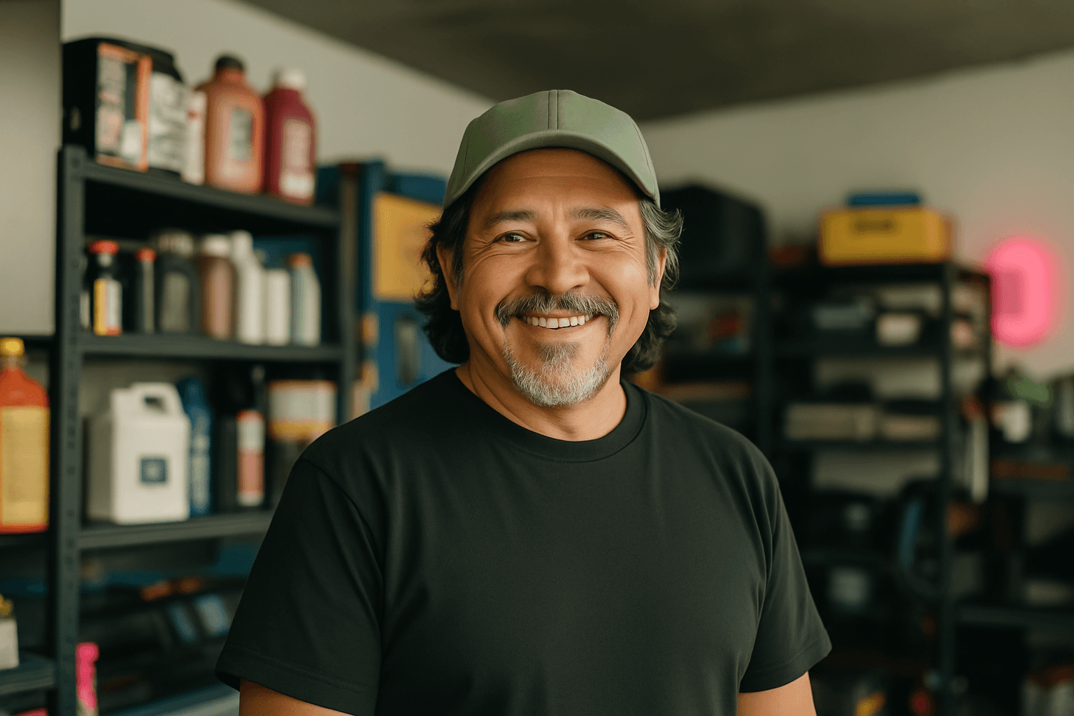 Smiling auto shop business owner