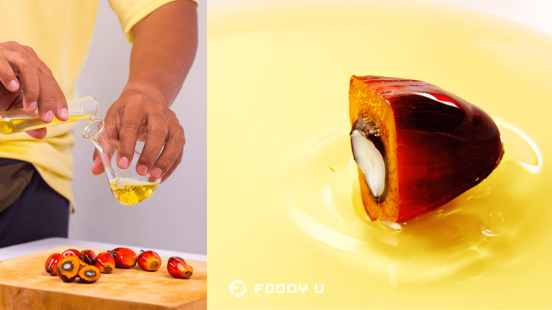 Palm fruit and oil being poured into a glass container with Foody U logo — article about palm oil, saturated fats, and sustainability