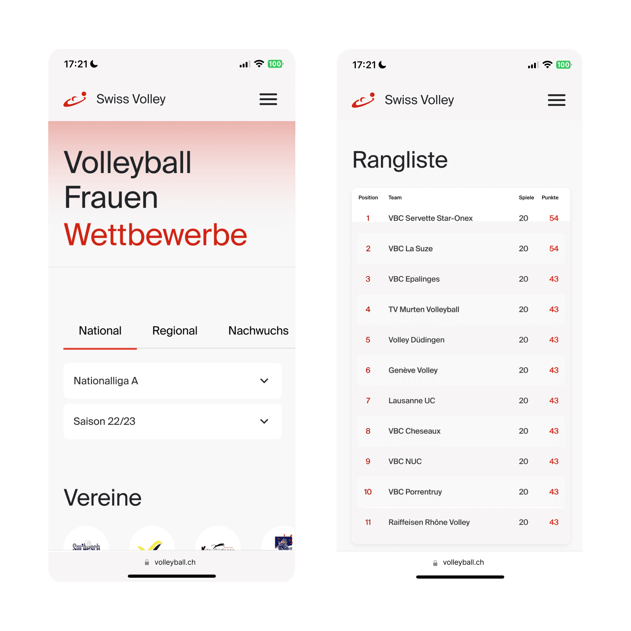 Two iPhone screenshots of Swiss Volley: left shows the ‘Volleyball Frauen Wettbewerbe’ menu with Nationalliga A, Saison 22/23; right shows the top 11 standings table with VBC Servette Star-Onex and VBC La Suze tied on 54 points.
