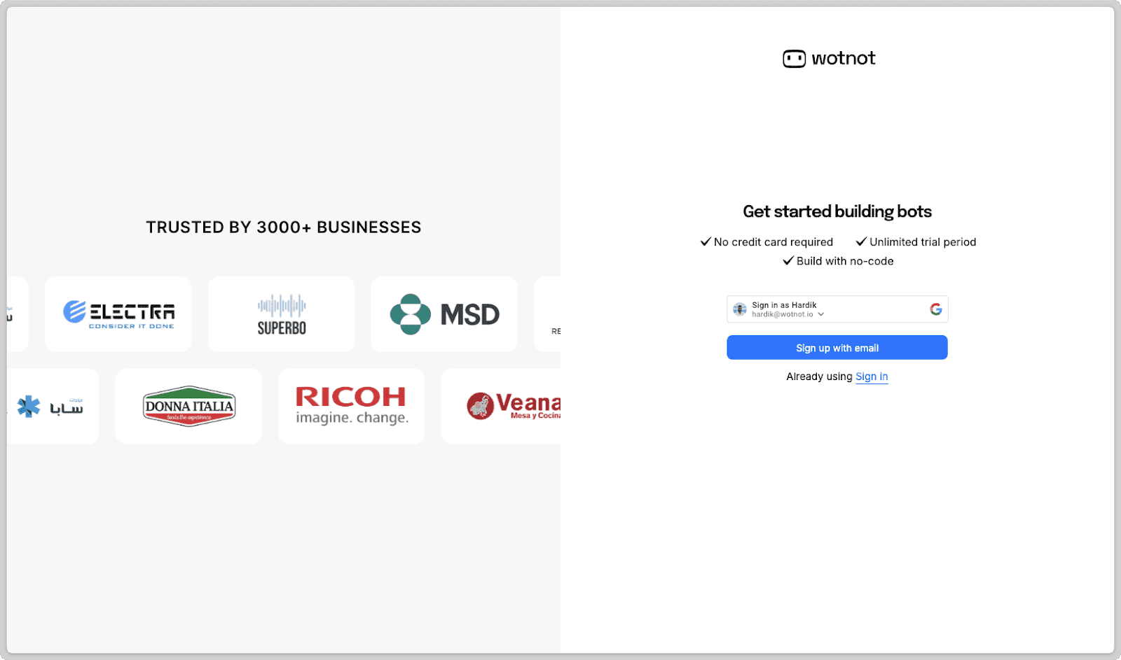 image of wotnot sign up page