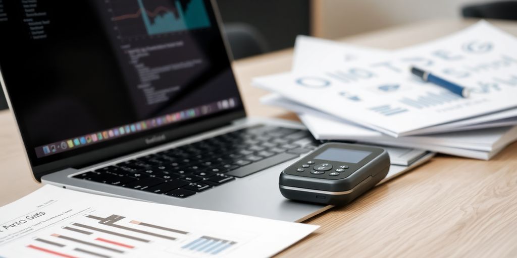 Modern workspace with laptop and digital assistant device.