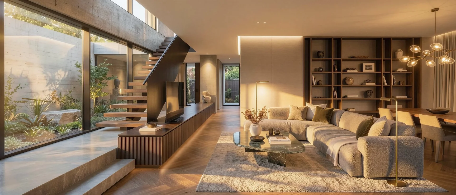 Woonkamer met zwevende houten trap, maatwerk kastenwand en zicht op een omsloten binnentuin