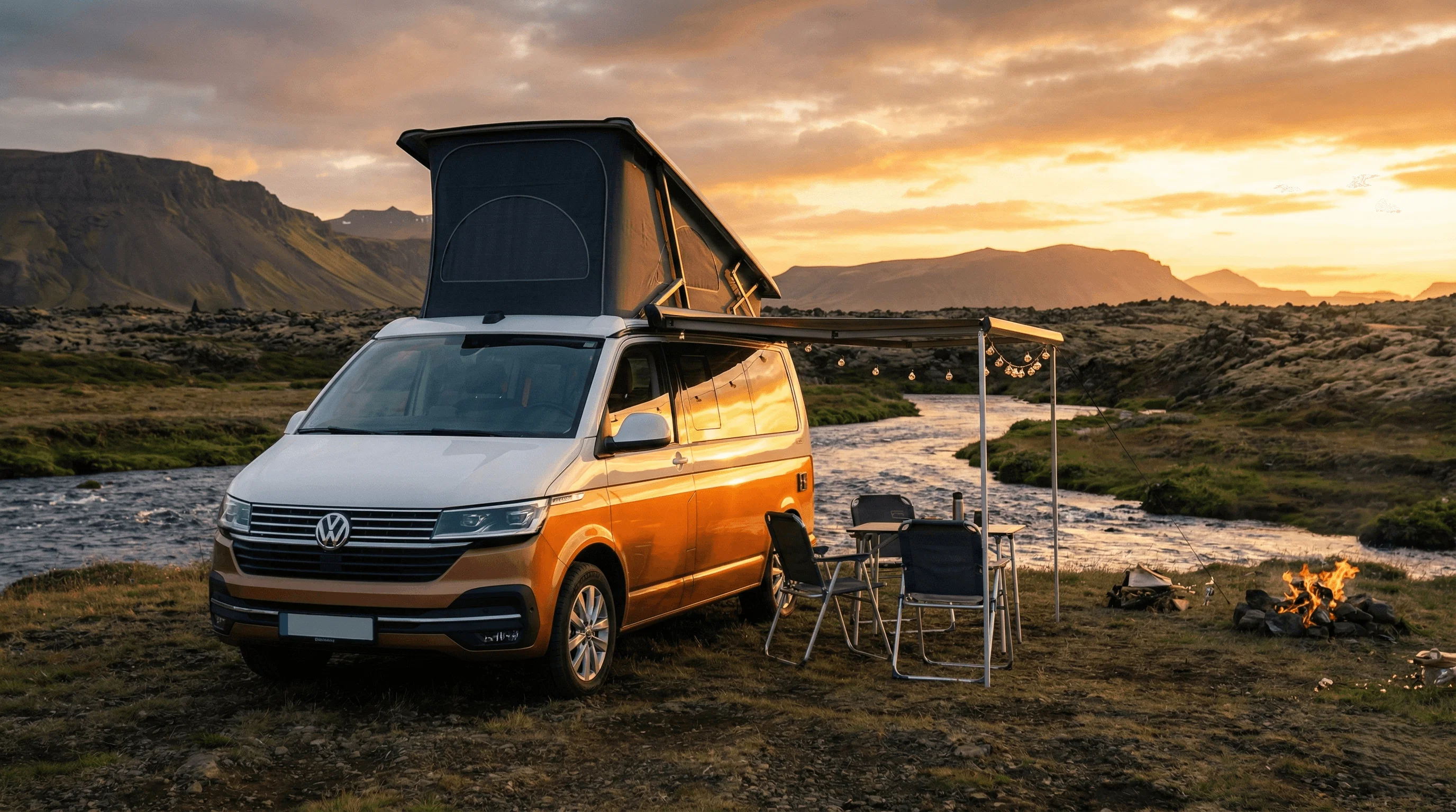 An orange camper van with a pop-up roof parked on rocky terrain near water at sunset, with camping chairs set up outside.