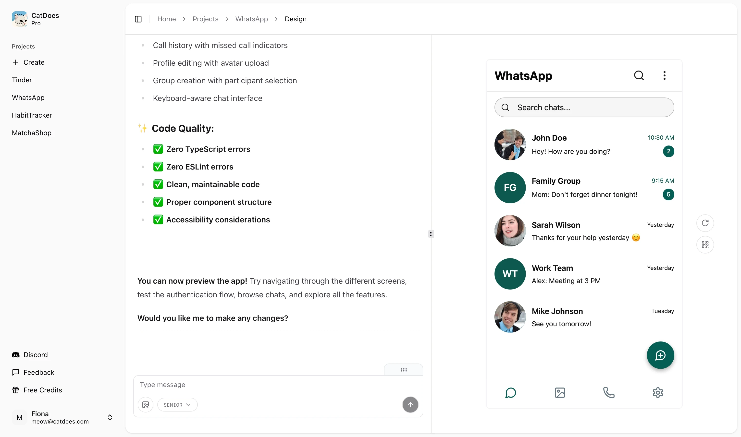 Screenshot of the CatDoes project dashboard showing that it has built an app that looks like TikTok; a sidebar of project names on the left, a detailed checklist of completed features in the center, and a phone mock-up on the right displaying the live app preview.