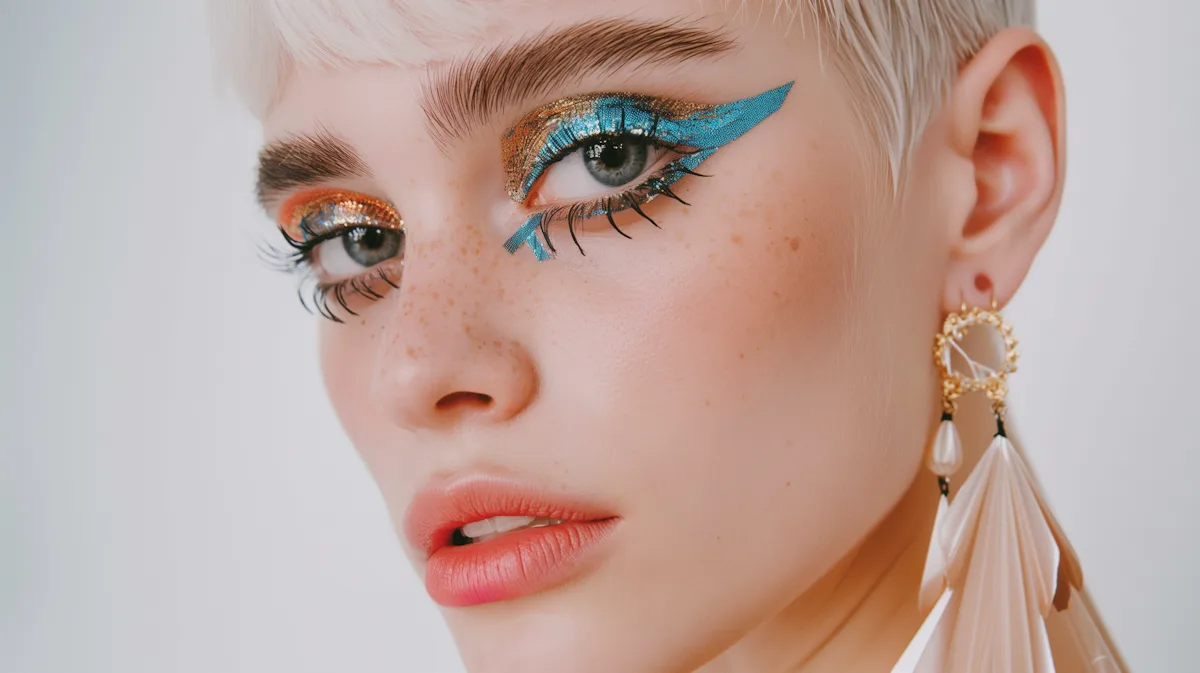 Close-up of a young woman with bold blue and gold eye makeup, coral lips, ornate earrings, and platinum blonde hair.