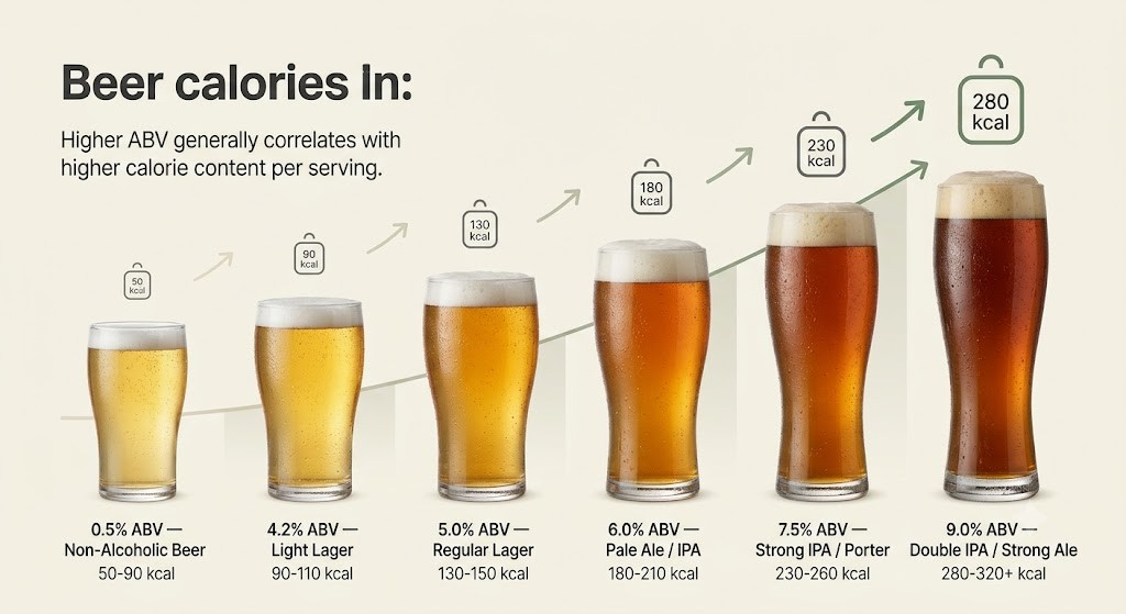 An infographic chart comparing beer calories across six different beer styles, showing a clear visual correlation that higher alcohol by volume (ABV) generally results in higher calorie content per serving, ranging from non-alcoholic beer at 50 calories to a double IPA at 280+ calories.
